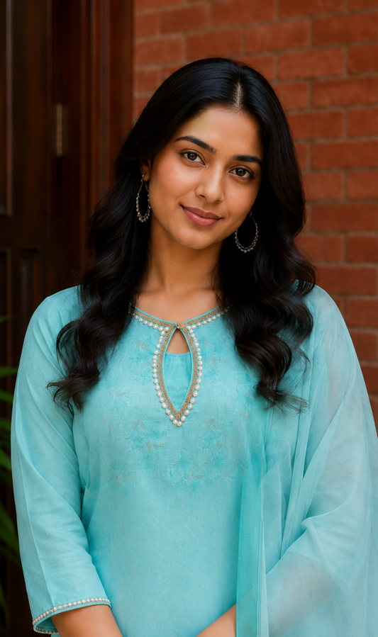 Sky Blue Floral Printed Linen Kurta Pant and Dupatta