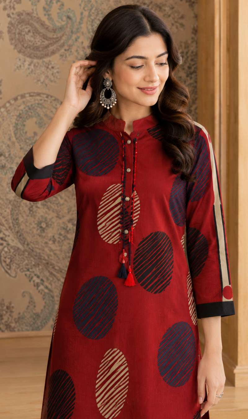 Rust Cotton Geometric Printed Kurta Pant Set