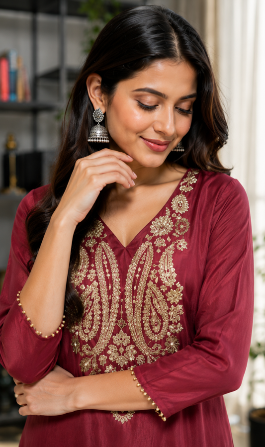 Dusty Pink Embroidered Tissue Fabric Kurta Pant Set