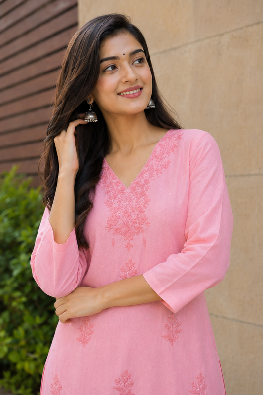 Baby Pink Rayon Embroidered KurtaPant Set
