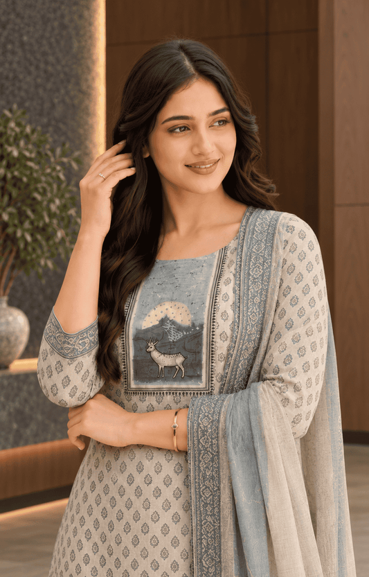 Unstitched offwhite with Blue print cotton suit set with dupatta