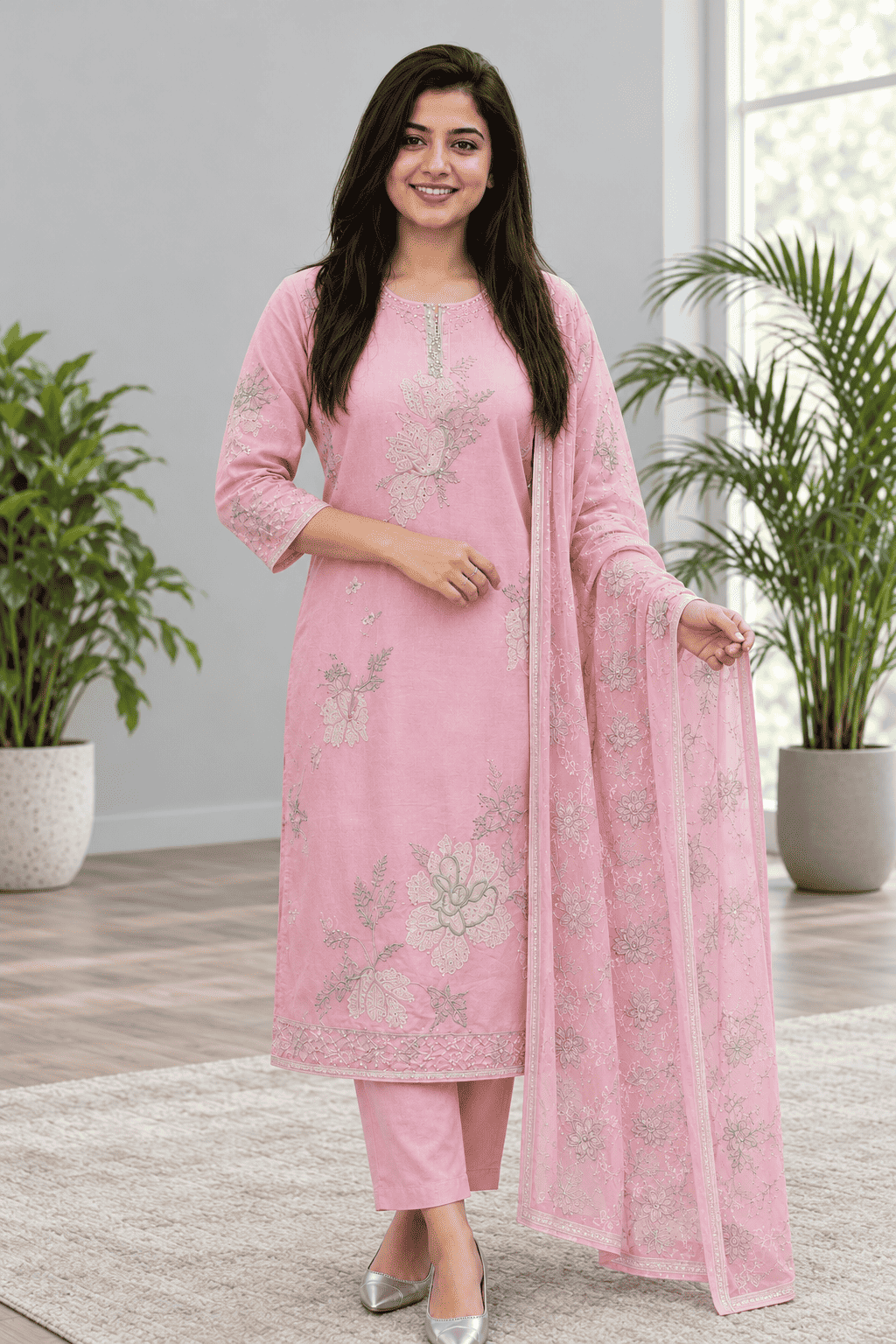 Unstitched pink embroidered cotton slub suit set with dupatta