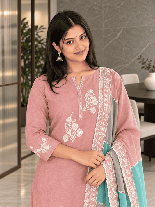 Unstitched pastel pink embroidered cotton suit set with a contrasting dupatta