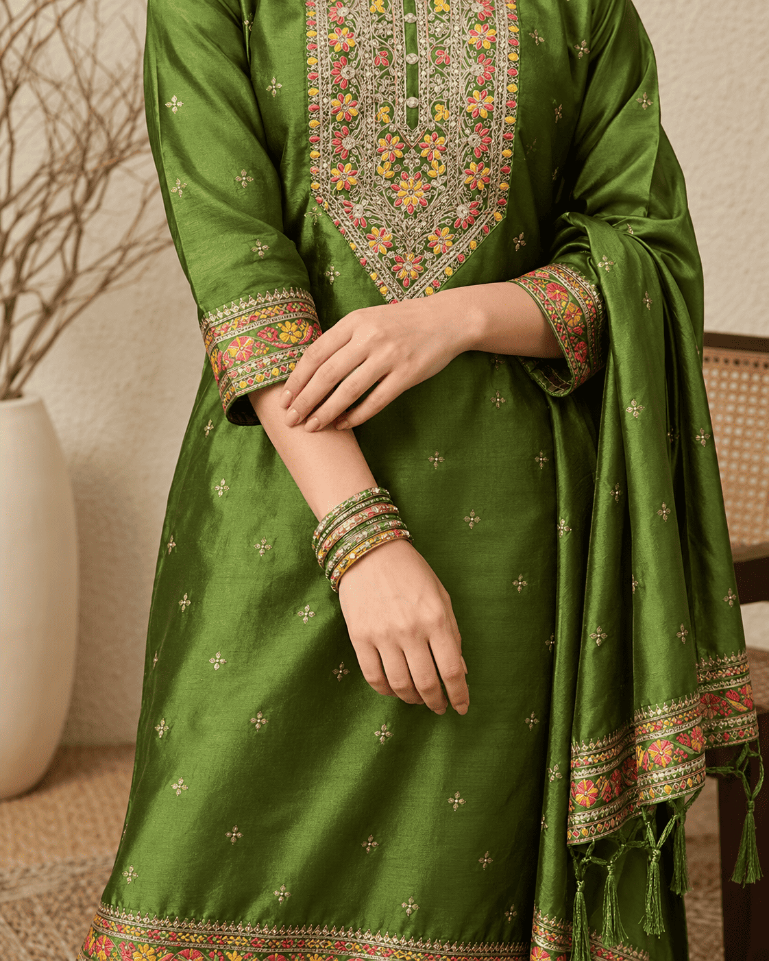 Mehendi Green Cotton Silk Embroidered Kurta Pant and Dupatta Set