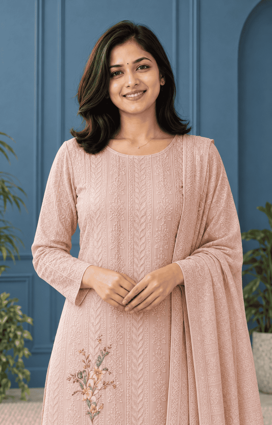 Pastel Lavender Unstitched Chiffon Suit Set With Dupatta Adorned With Floral Threadwork