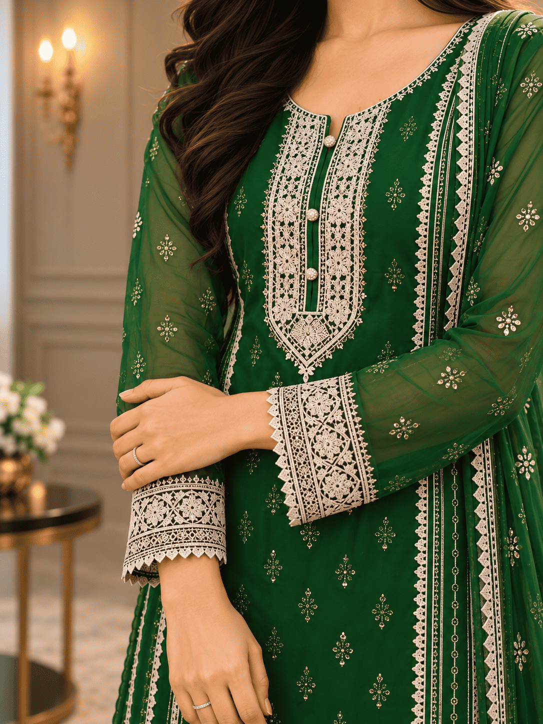Semi-Stitched Soft Organza In A Forest Green Shade With Intricate Multicoloured Thread And Zari Embroidery Suit Material