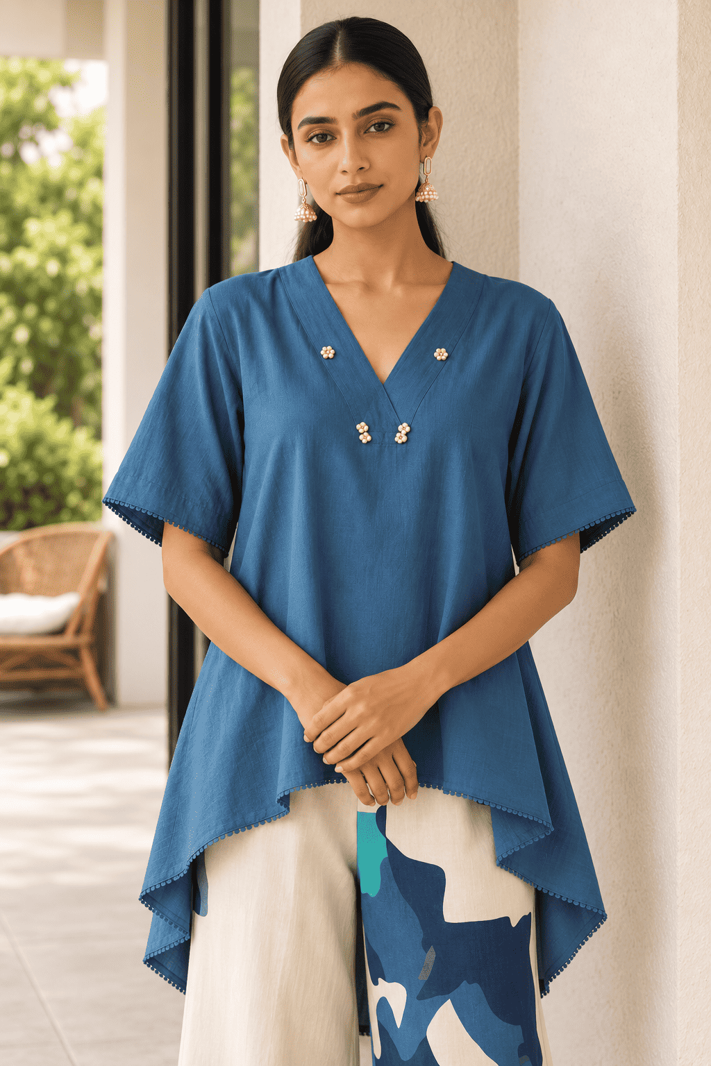 Blue Cotton Kurta with Printed Palazzo Set