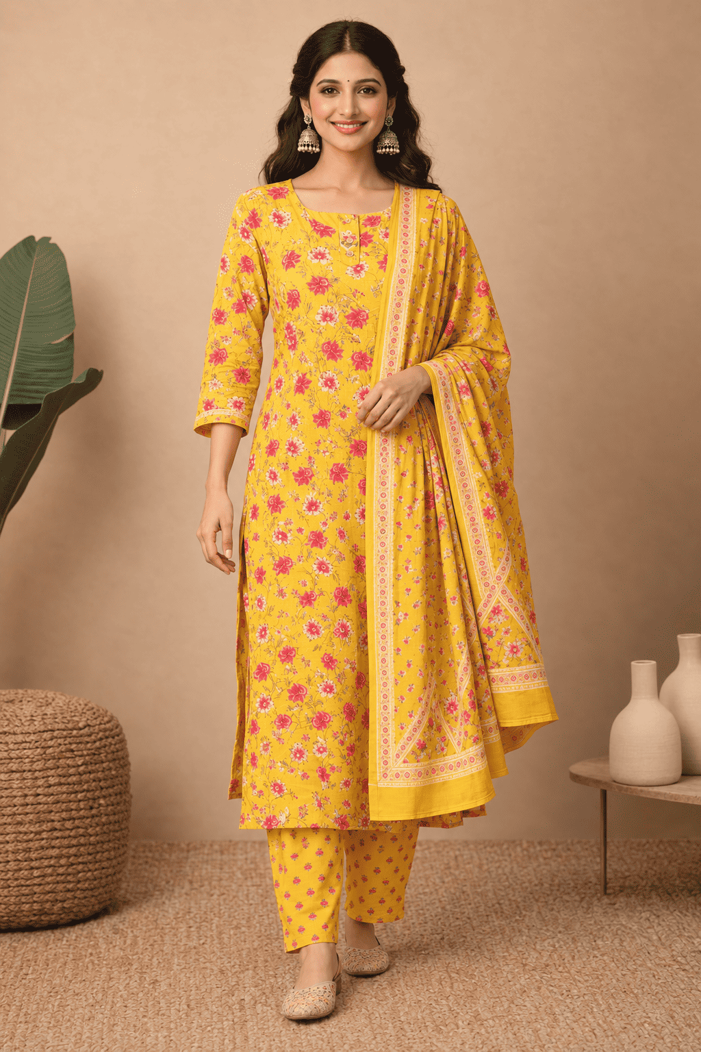 Mustard yellow cotton floral printed kurta pant set with dupatta