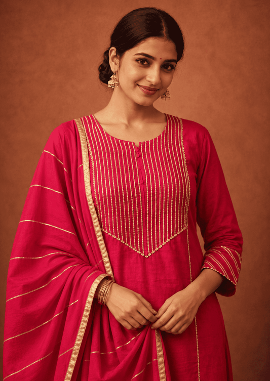 Fuchsia gota work cotton kurta pant set with gold stripes dupatta