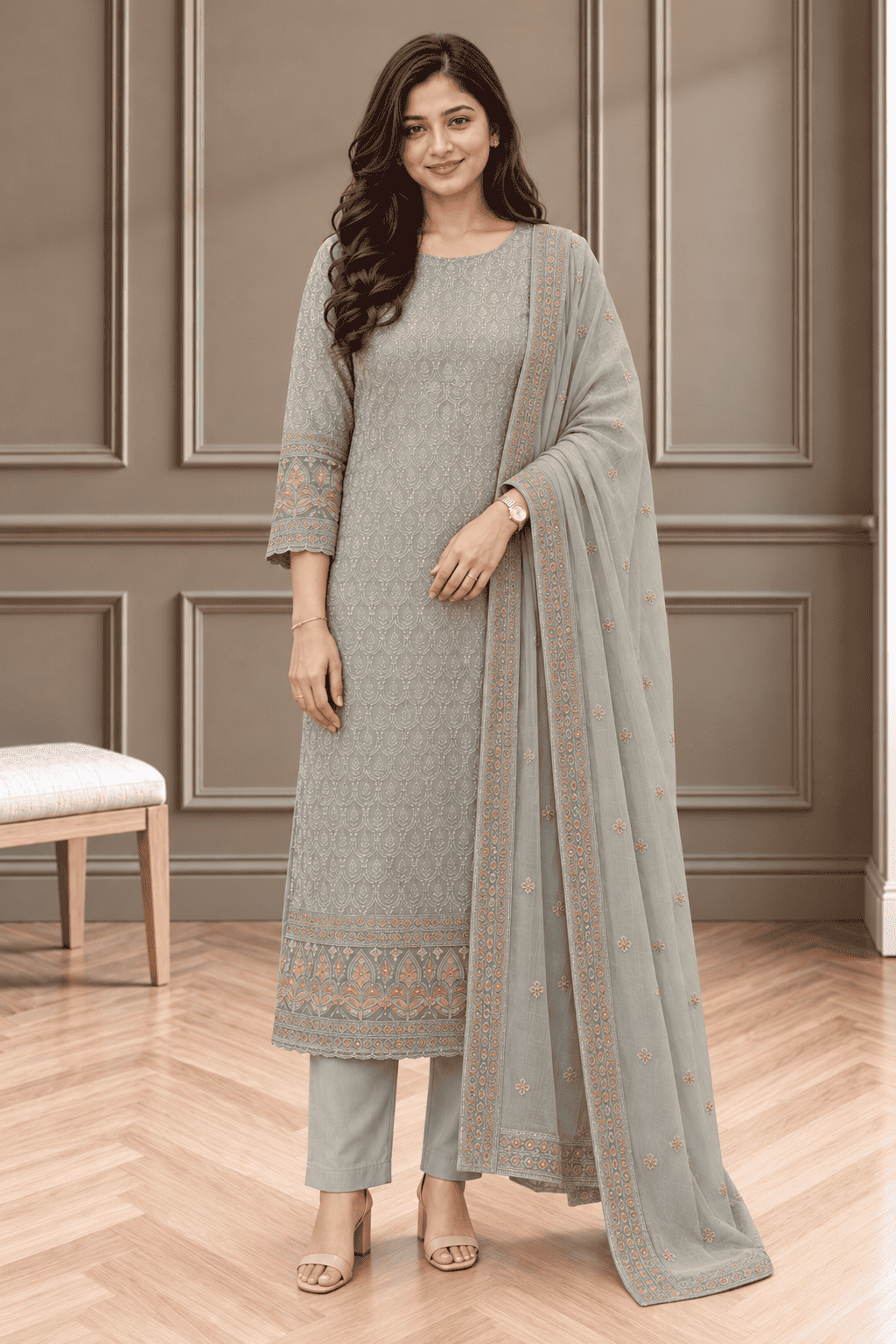 Unstitched Soft Dove-Grey Georgette Suit With Ivory Thread Embroidery And Subtle Sequin Highlights