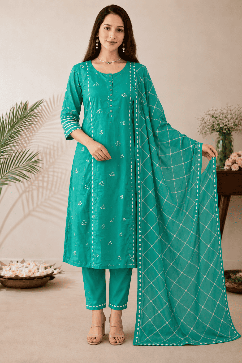 Green Silk embroidered Kurta Pant Set with dupatta