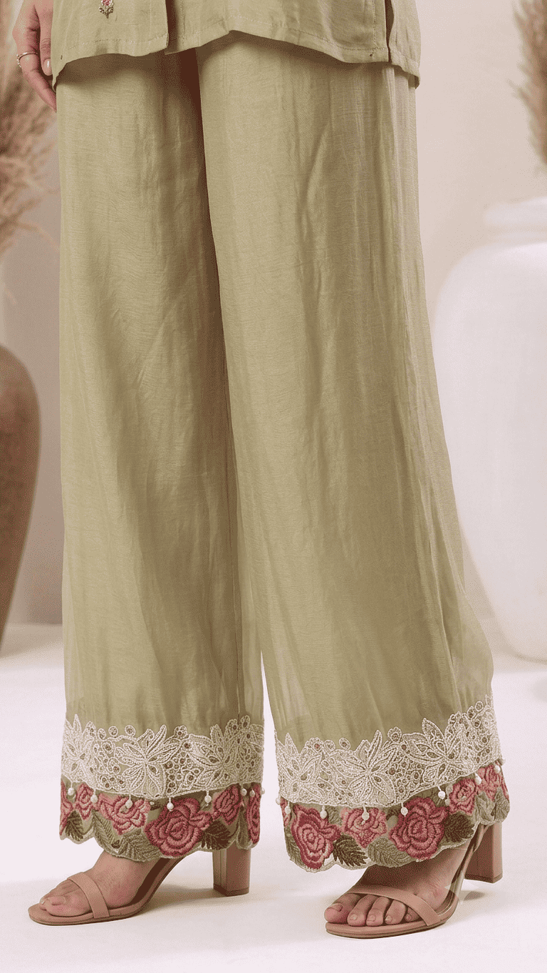 Ivory Floral Embroidered Chinon Kurta Sharara Set