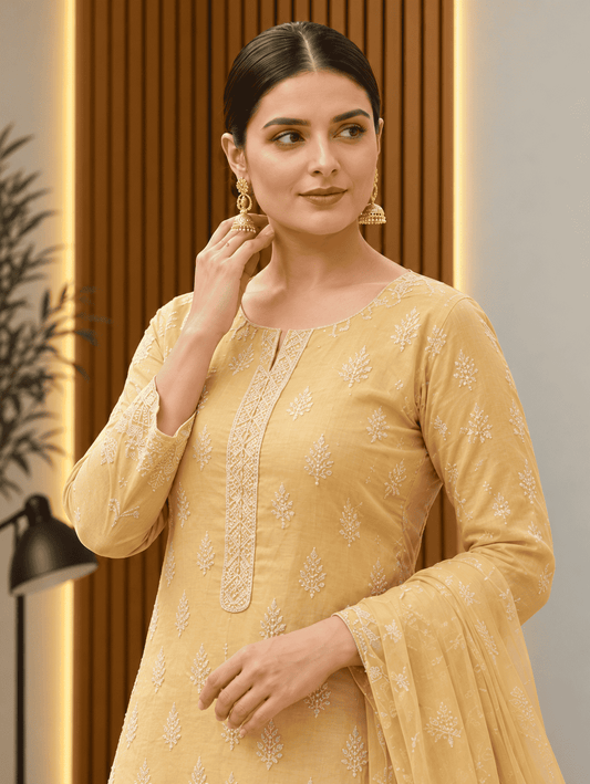Semi-Stitched Muted Olive-Beige Chiffon Suit With Delicate Ivory Sequin Leaf Embroidery