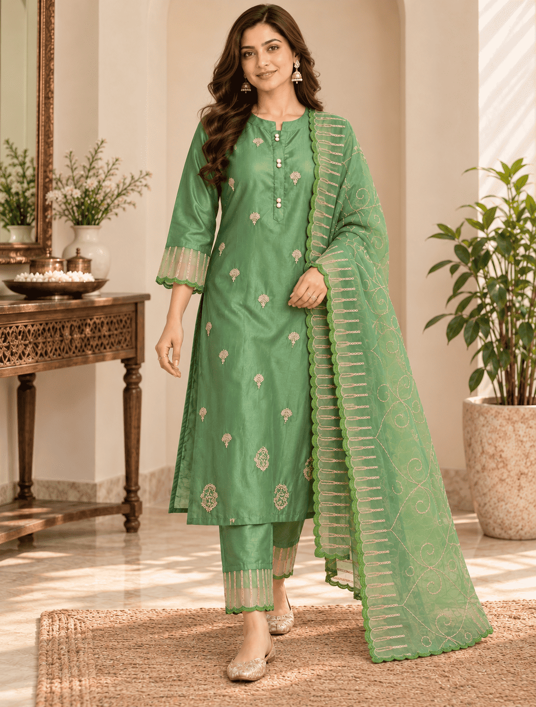 Green Silk Blend Embroidered Kurta Pant and Dupatta Set