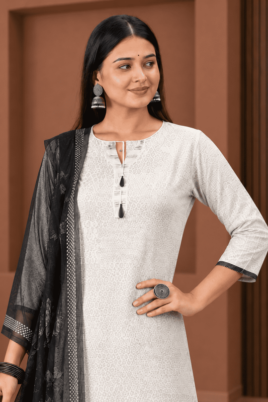 Unstitched sage grey cotton floral printed suit set with charcoal black dupatta