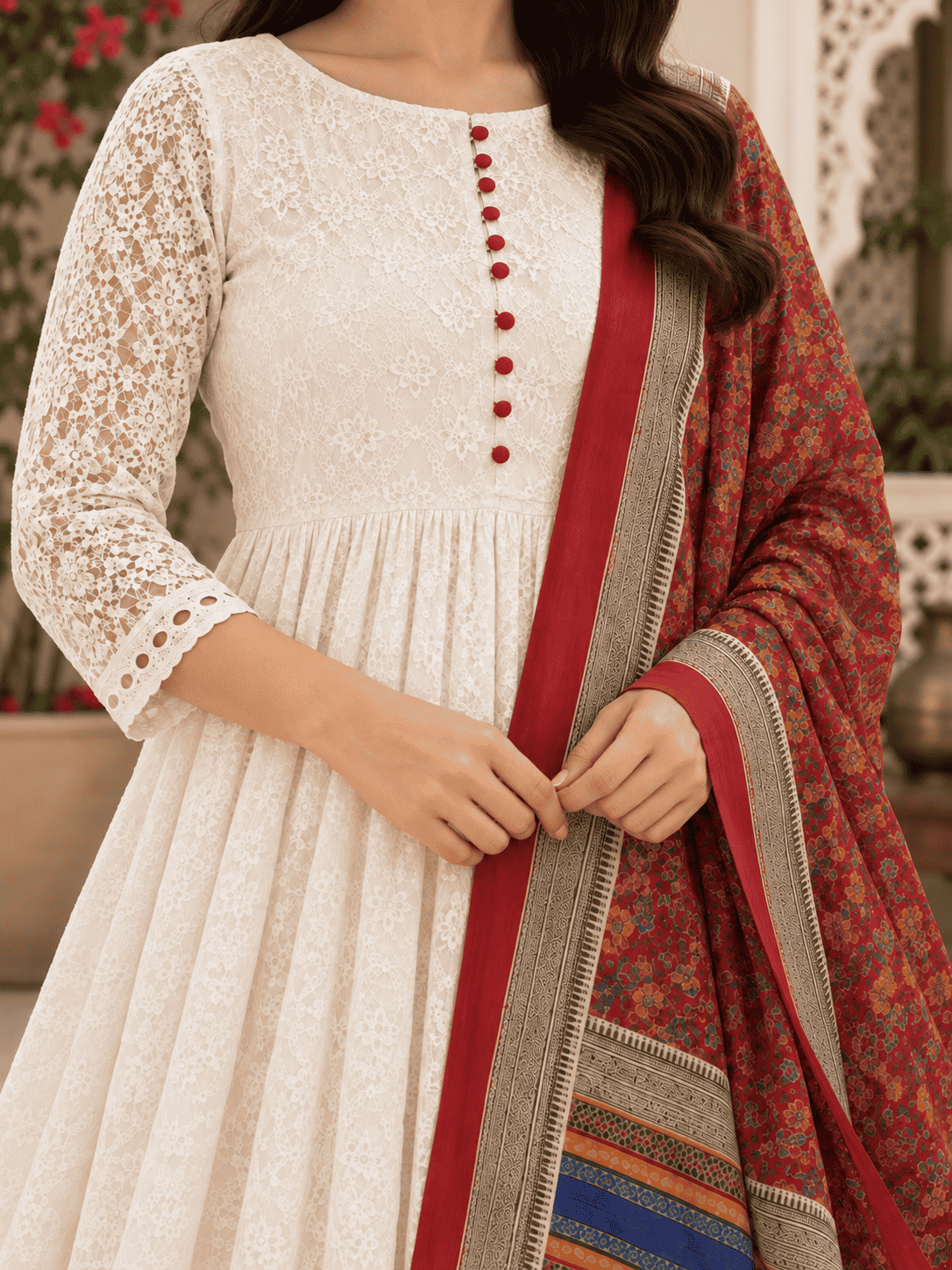 White Chikankari Kurta Pant With Red Printed Dupatta