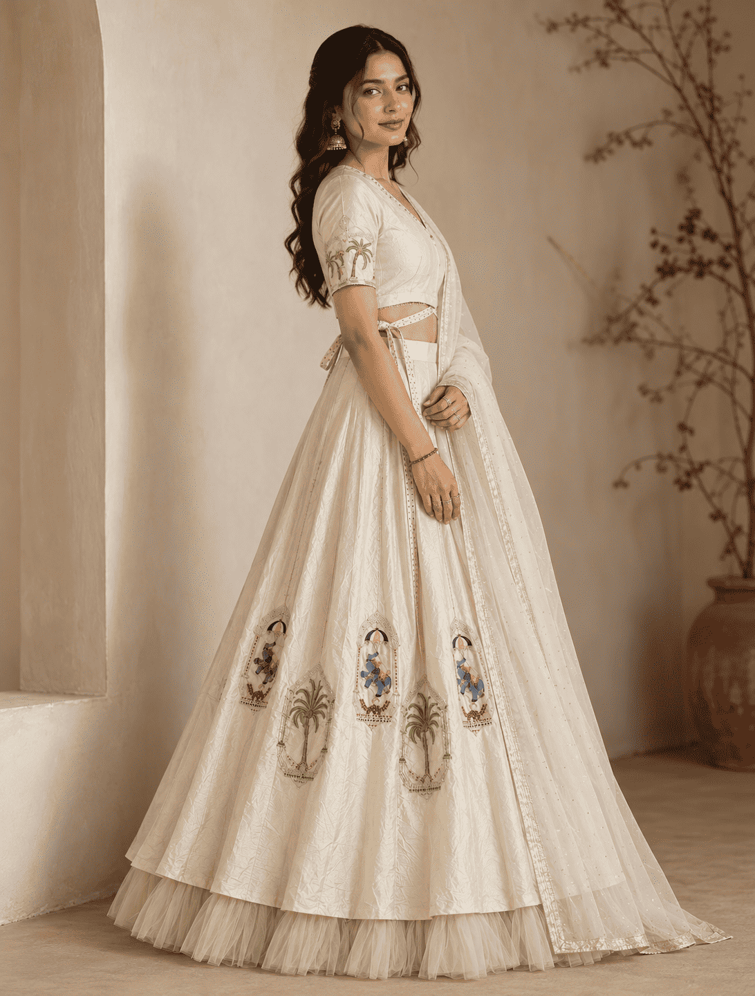 Ivory silk blend with embroidery lehenga choli set with net dupatta