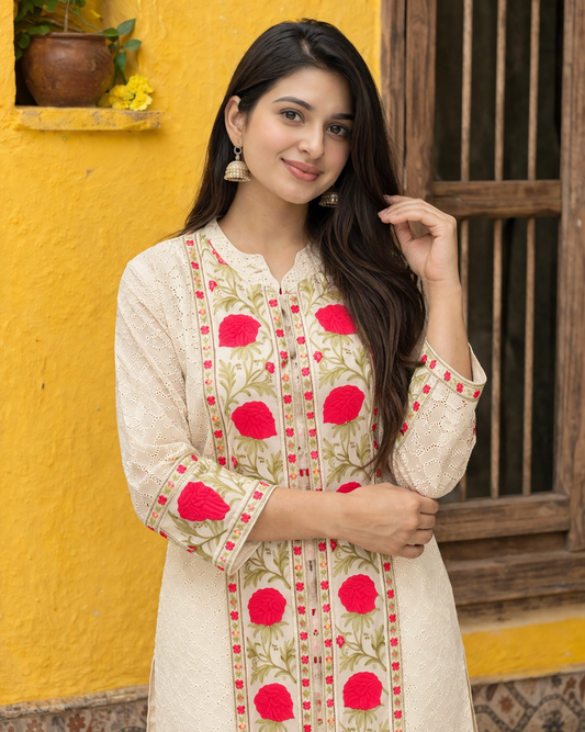 Soft cotton in ivory base with red floral prints kurta pant set