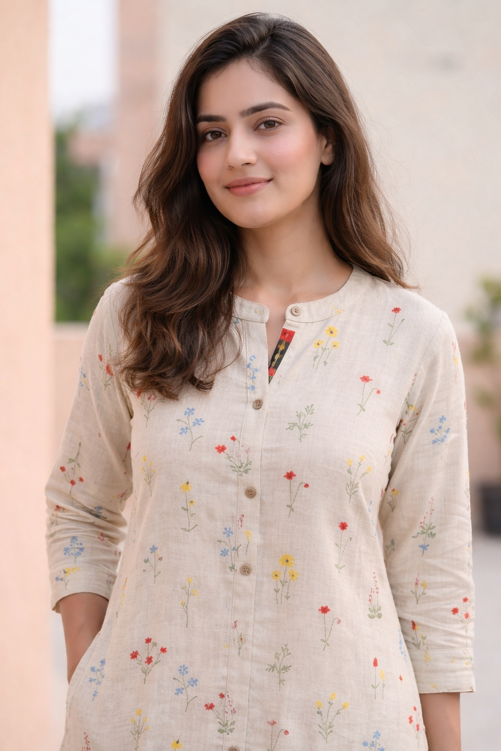 Off-White Multicolour Floral Embroidery Cotton Kurta