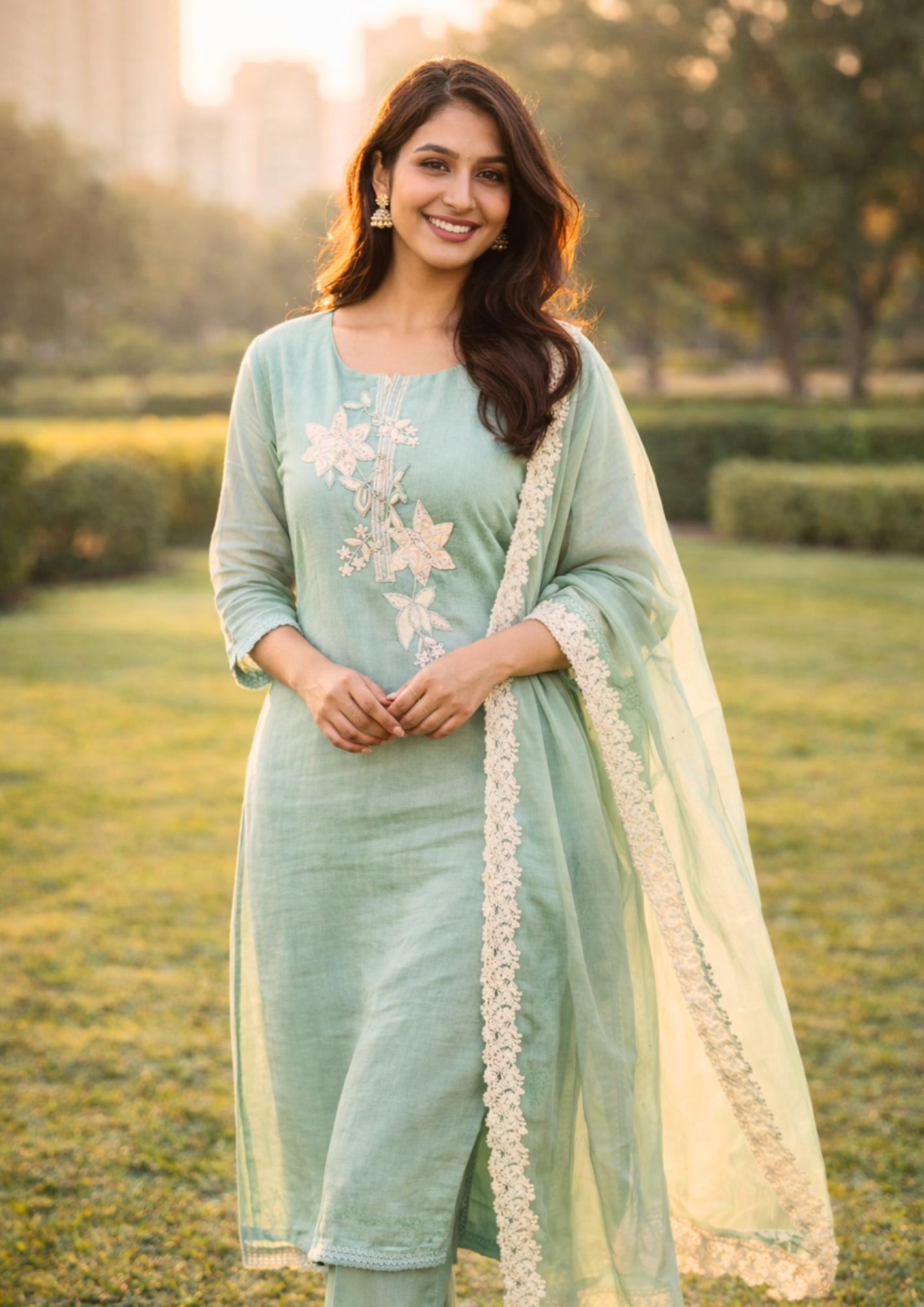 Unstitched aqua green embroidered cotton suit with dupatta