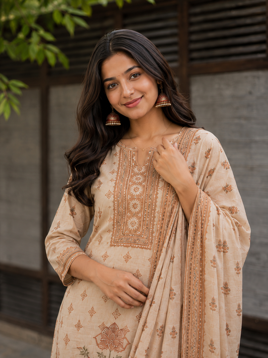 Unstitched brown printed cotton suit with dupatta