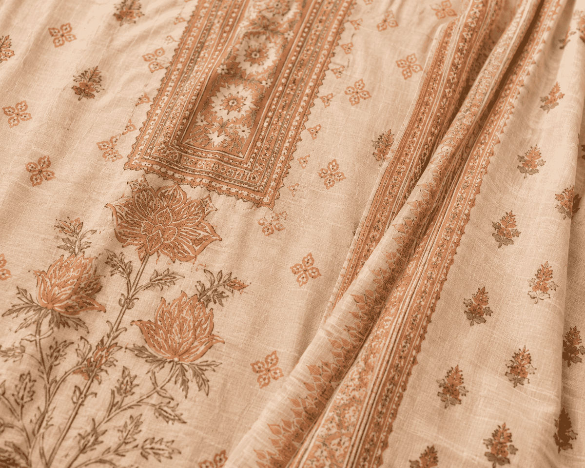 Unstitched brown printed cotton suit with dupatta