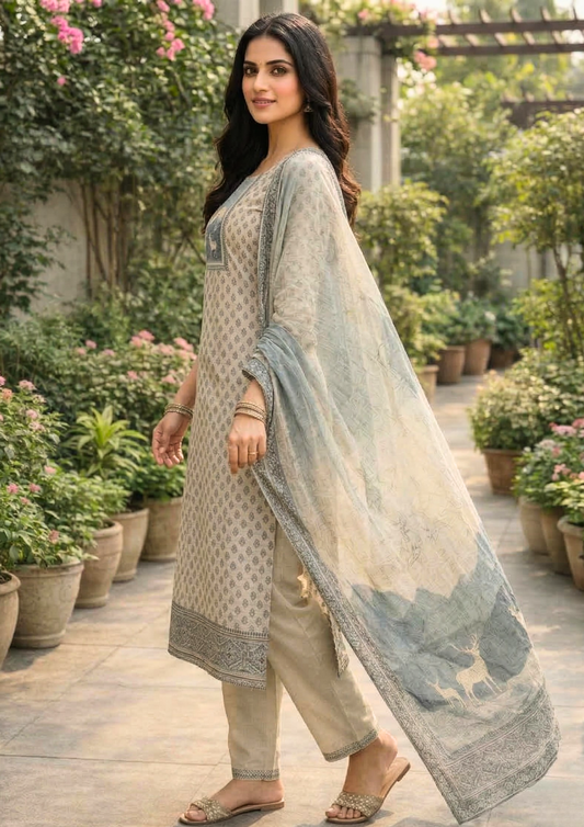 Unstitched offwhite with Blue print cotton suit set with dupatta