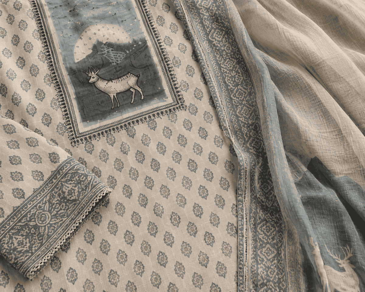 Unstitched offwhite with Blue print cotton suit set with dupatta