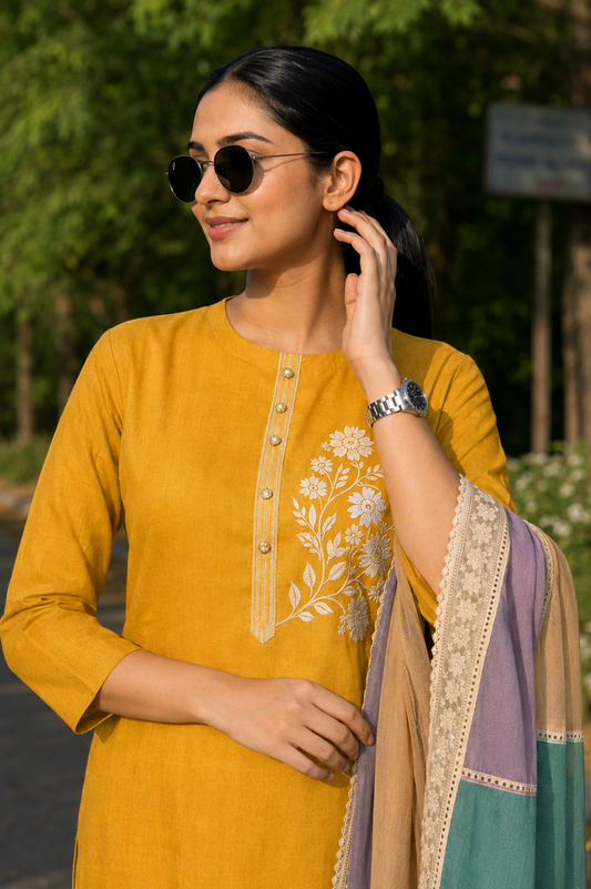 Unstitched mustard embroidered cotton suit set with a contrasting dupatta