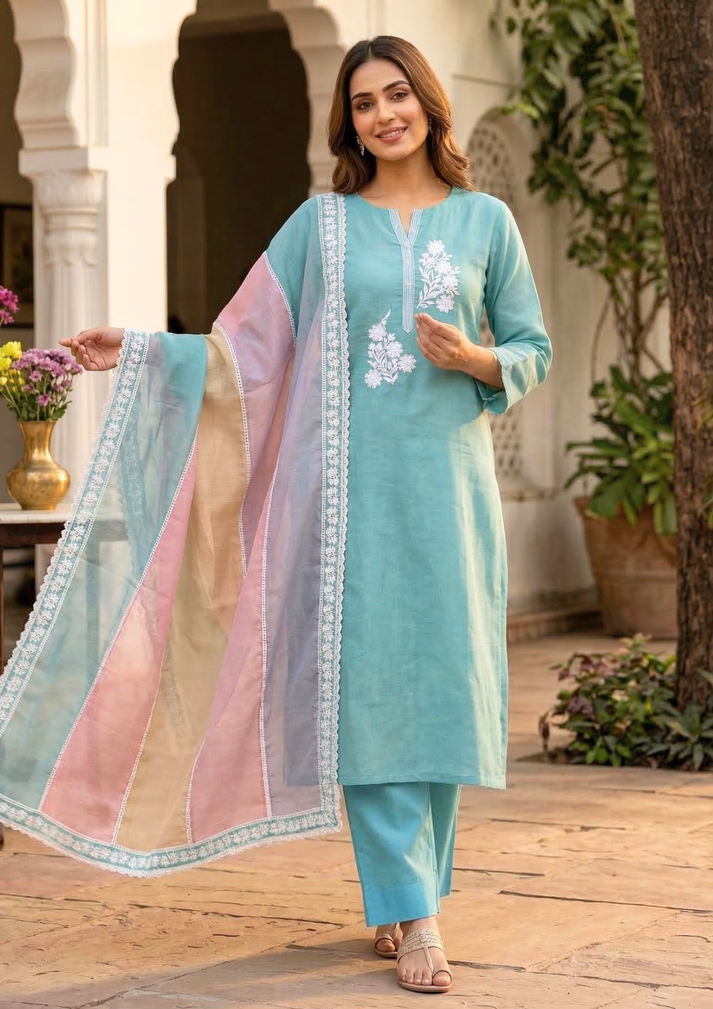 Unstitched sea green embroidered cotton suit set with a contrasting dupatta