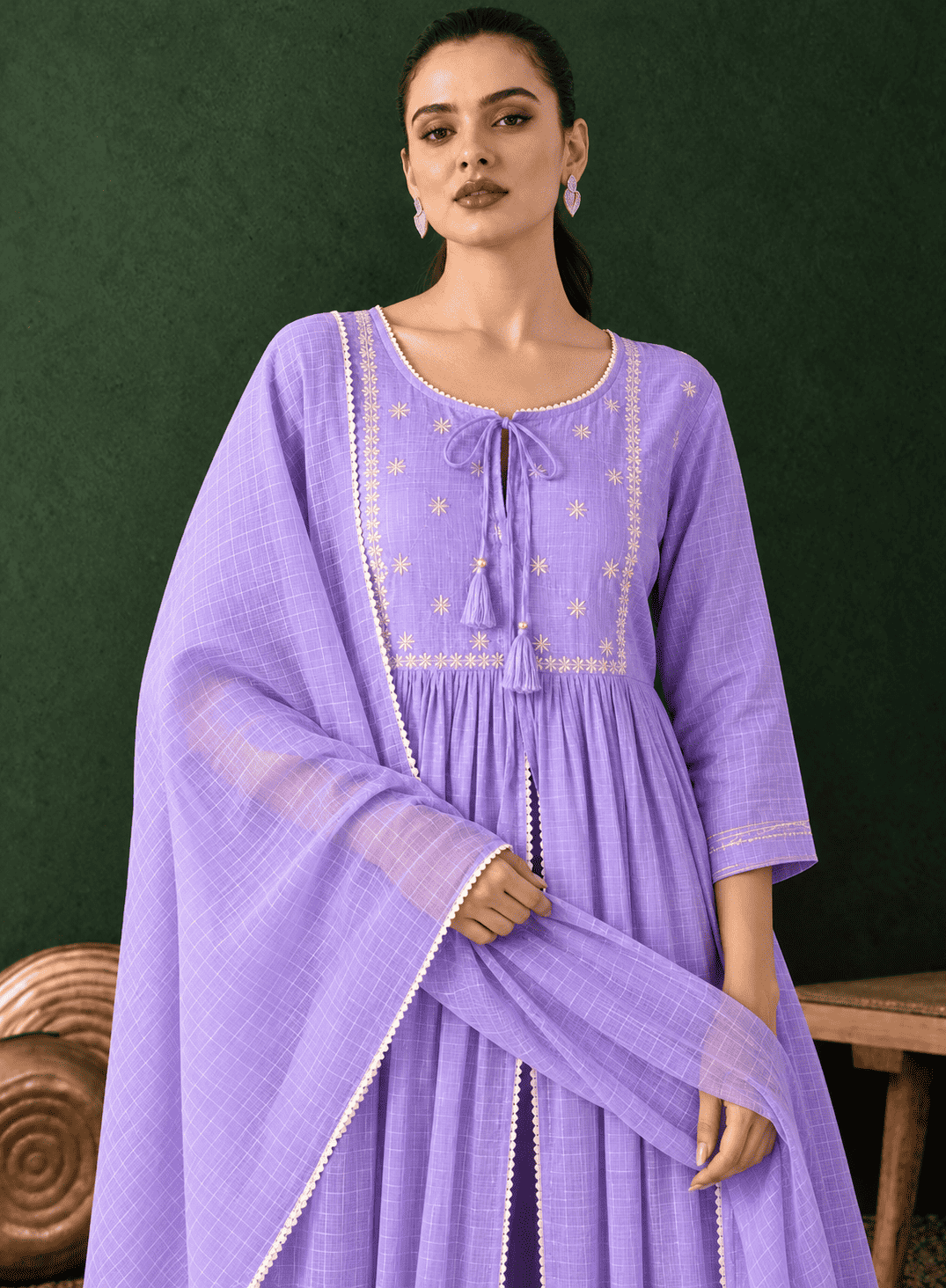 Kota doria lavender kurta pant set with dupatta
