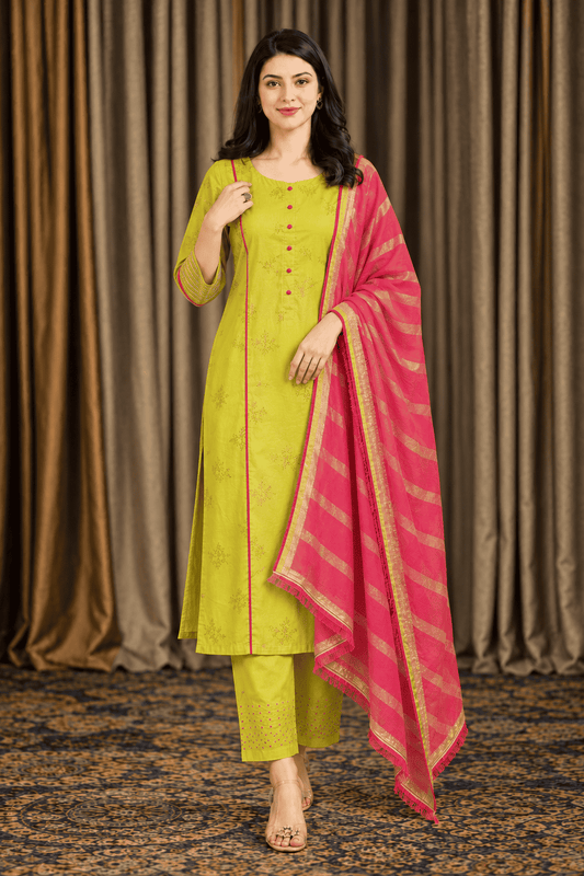 Lime green cotton embroidered kurta pant set with pink dupatta