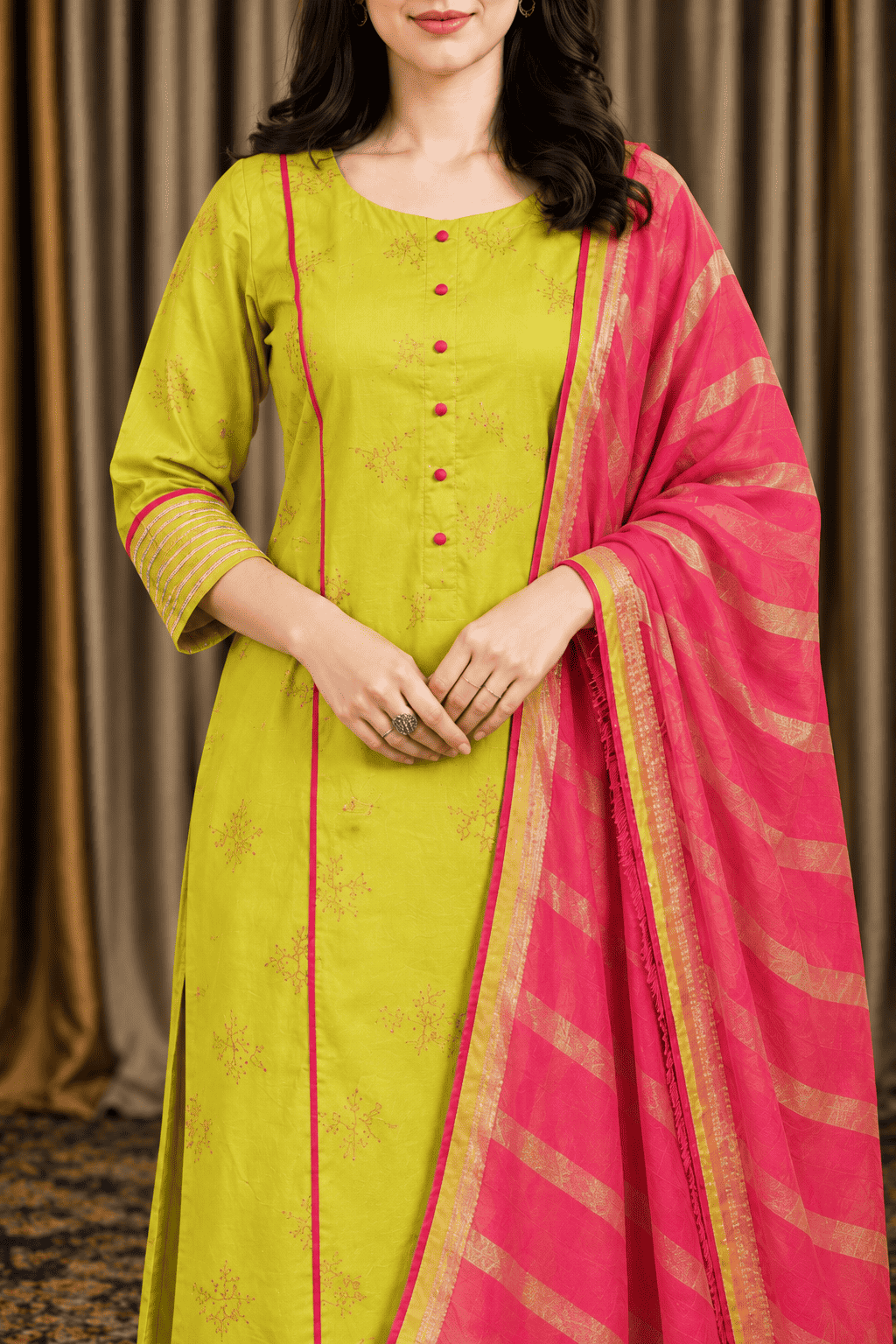 Lime green cotton embroidered kurta pant set with pink dupatta