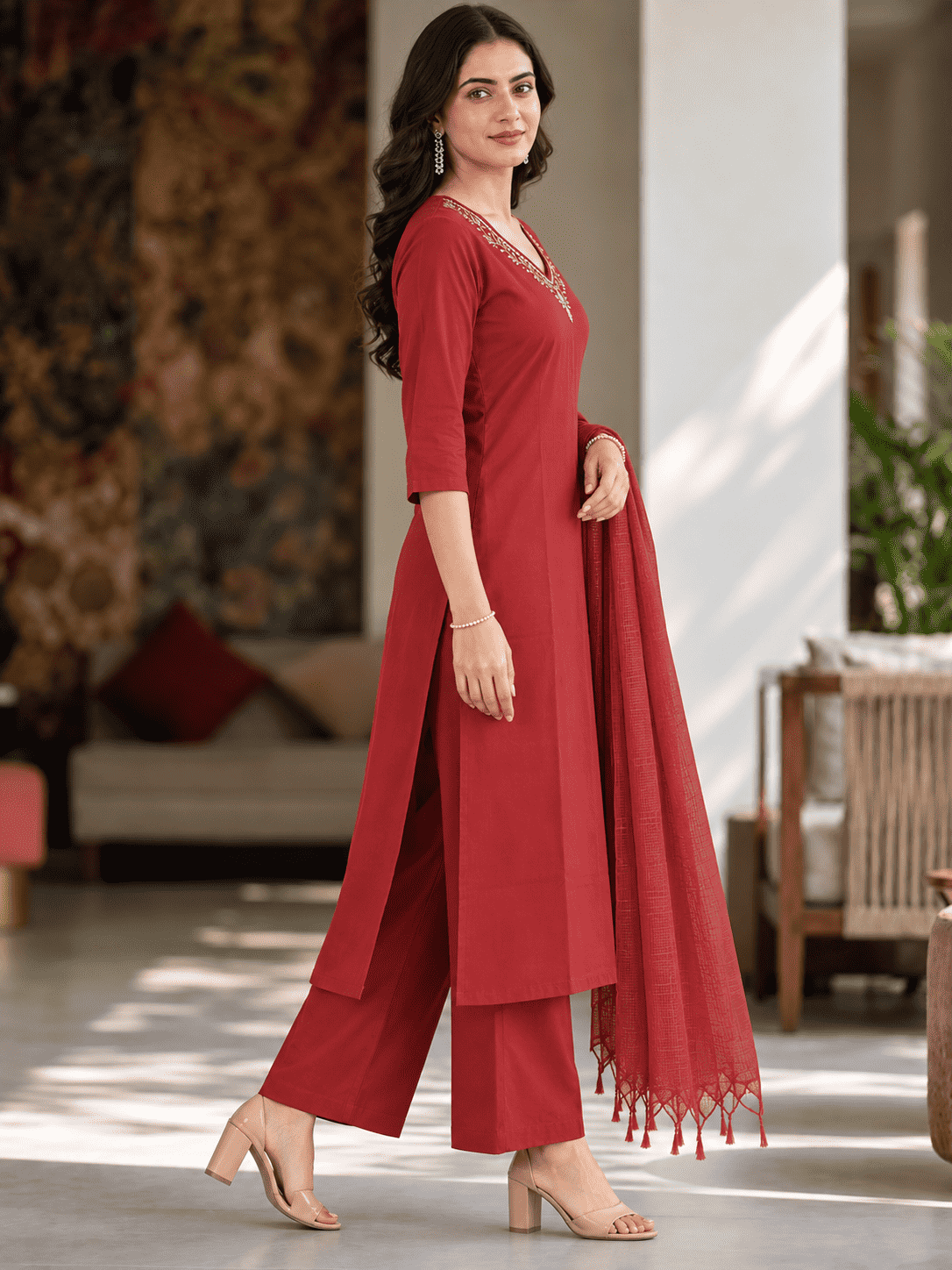 Maroon Embroidered Rayon Kurta Pant and Dupatta