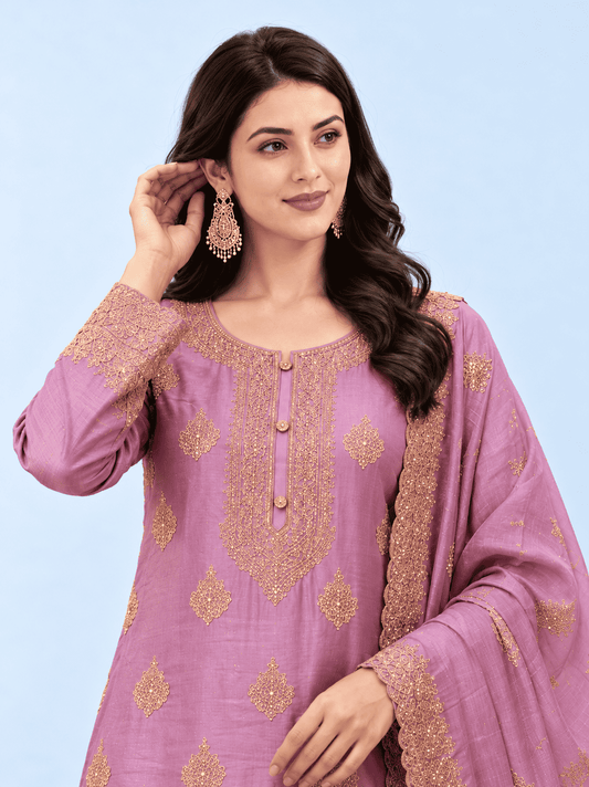 Purple-Lavender Semi Stitched Shimmer Tissue Suit Set With Dupatta With Embroidery
