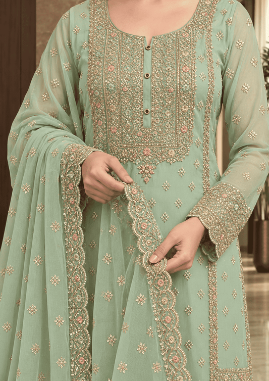 Semi-Stitched Soft Organza In Pastel Aqua With Intricate Multicolour Thread And Sequin Embroidery Suit Material