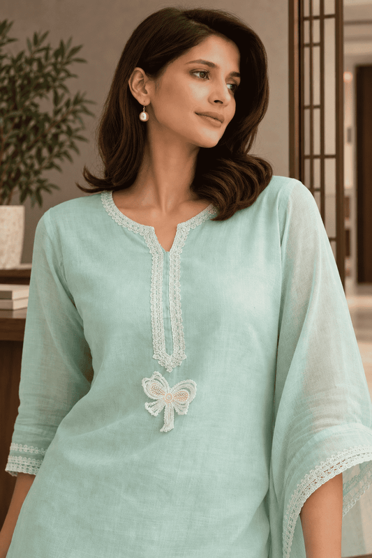 Unstitched sea green linen suit set with dupatta