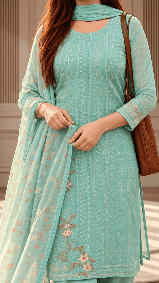 Unstitched Soft Aqua Blue Chiffon Suit With Tonal Thread Embroidery And Subtle Floral Digital Print Highlights