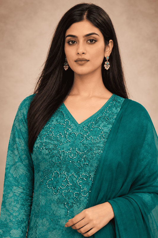 Teal green cotton kurta pant set with lightweight chiffon dupatta