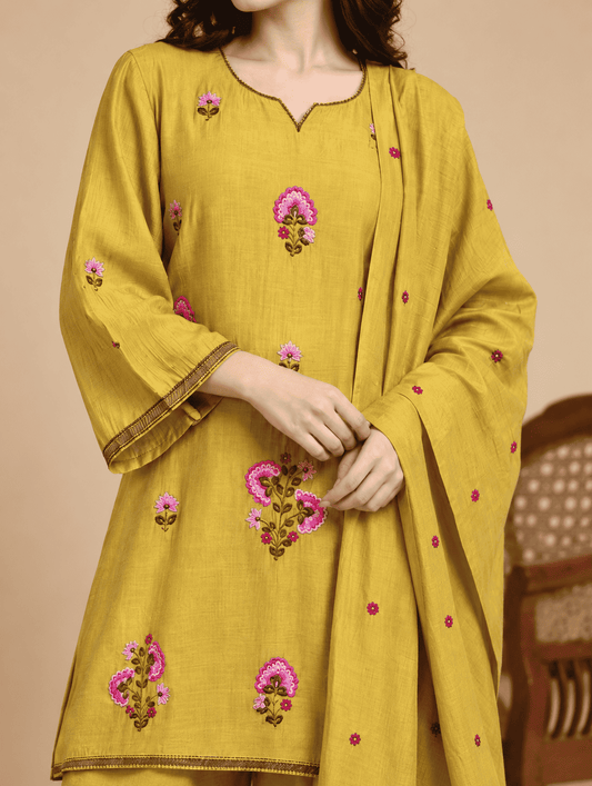 Mustard Embroidered Mul Chanderi Kurta and Pant with Dupatta