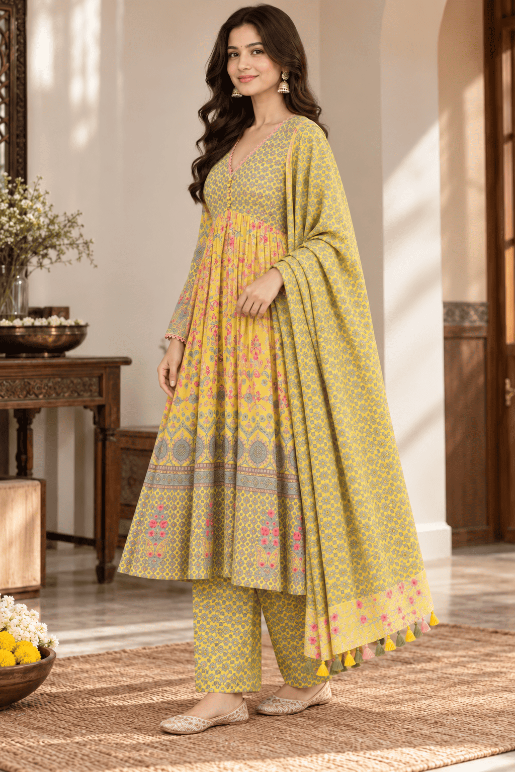 Yellow Floral Printed Mul Cotton Kurta and Palazzo Pant With Dupatta