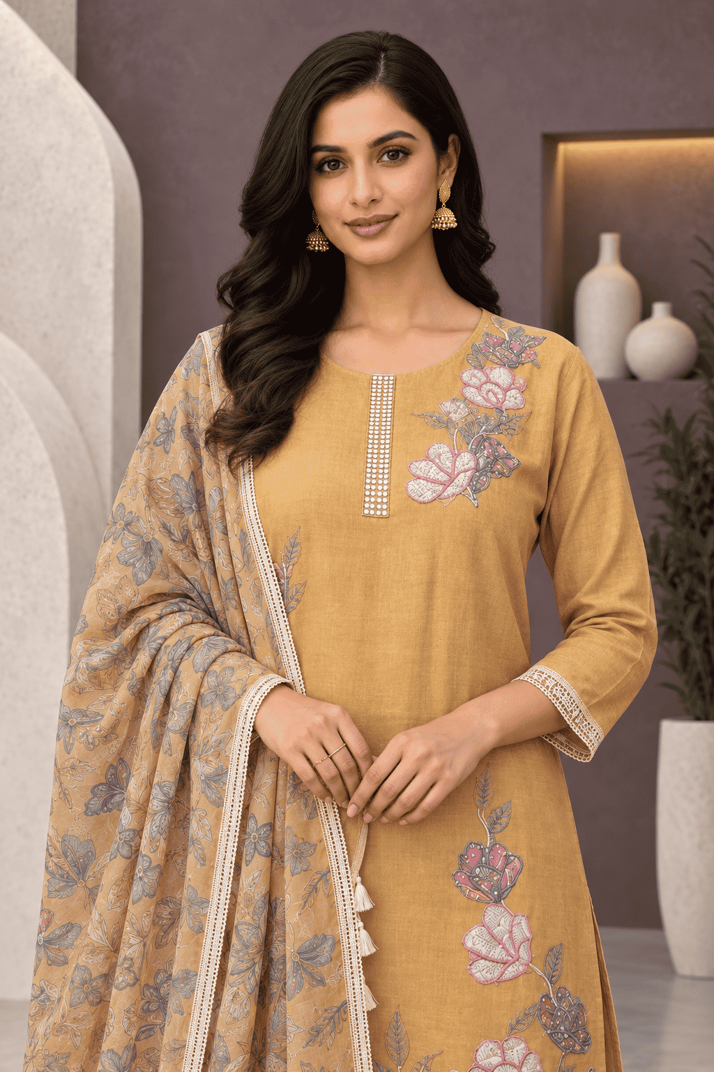 Unstitched yellow embroidered cotton slub suit set with dupatta