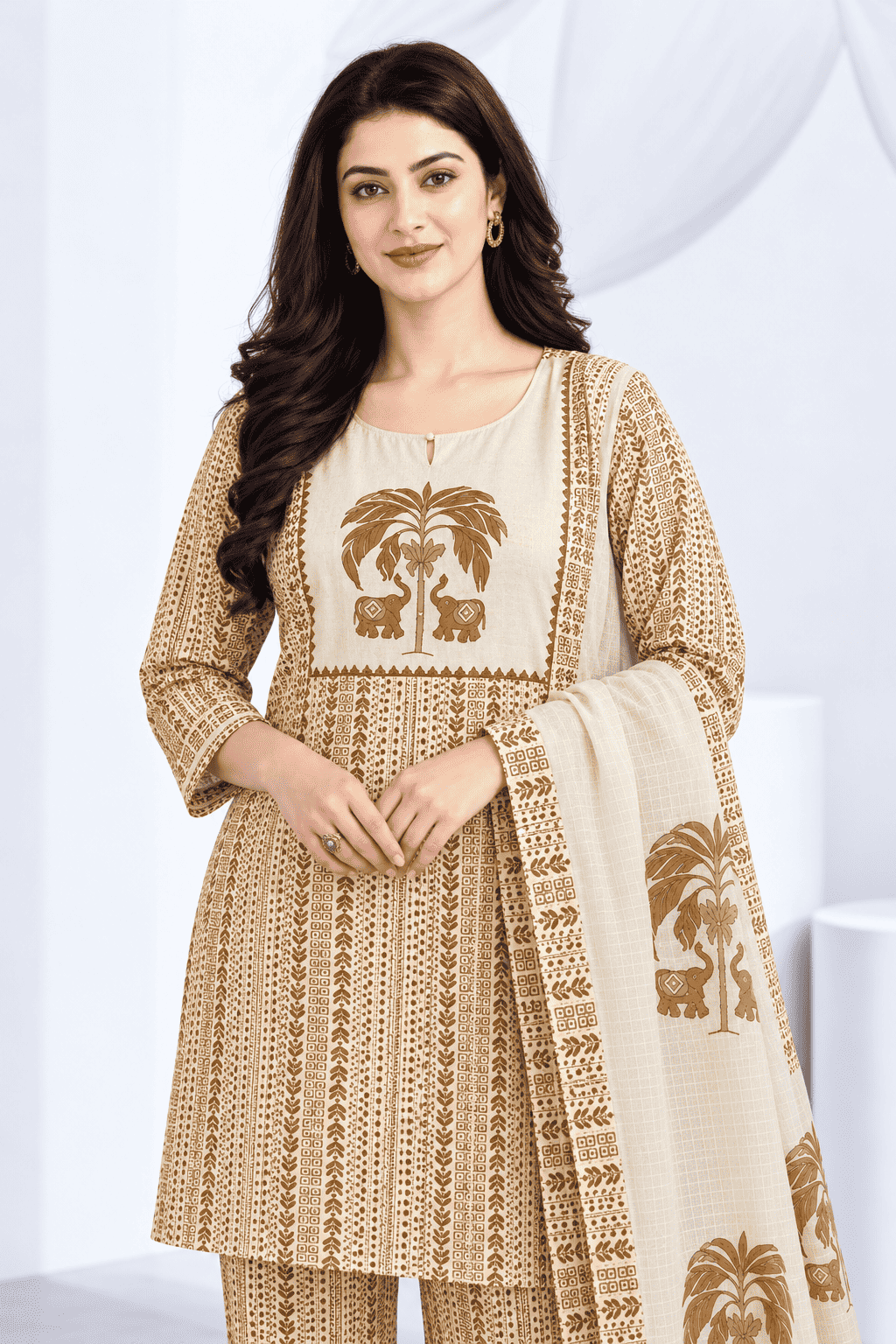 Off White in mustard tone printed cotton kurta and pant with dupatta