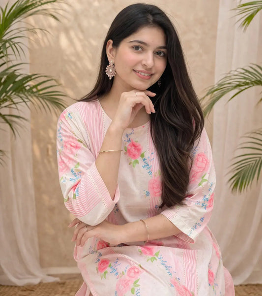 Soft cotton blend blush pink with floral prints kurta pant set