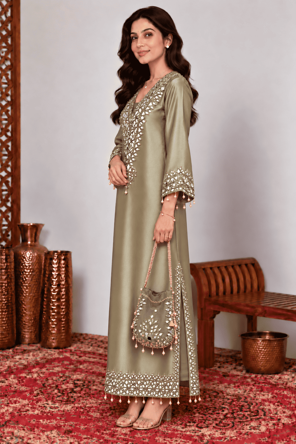 Golden Kareena Style Mirror Work Giraffe Silk Dress