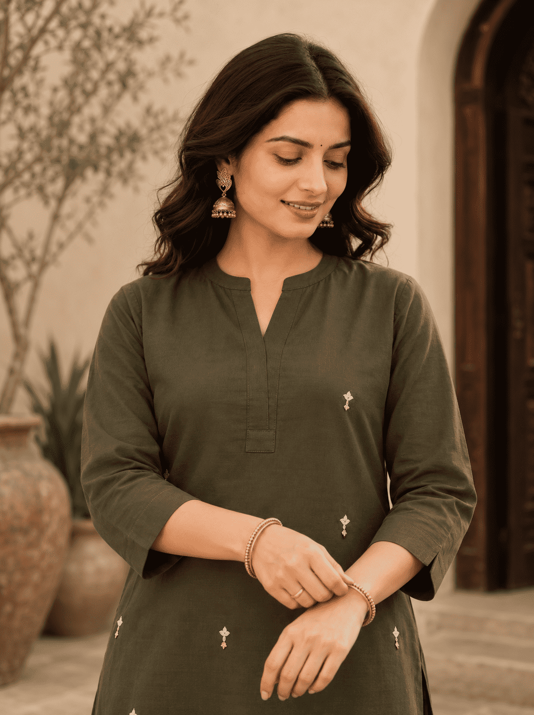 Military Green Pure Cambric Cotton Kurta Pant Set