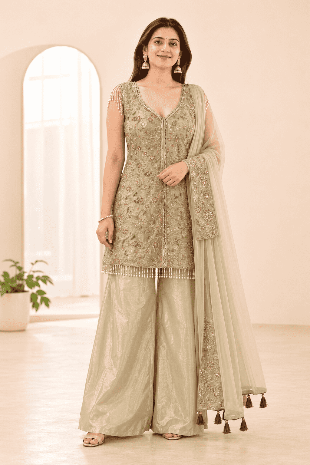 Champagne Gold Embroidered Shimmer Silk Front Slit Peplum Kurta Sharara and Dupatta Set
