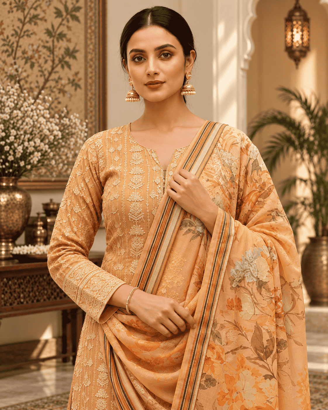 Unstitched Peach Blush Georgette Suit With Intricate White Resham Embroidery And Sequin Highlights