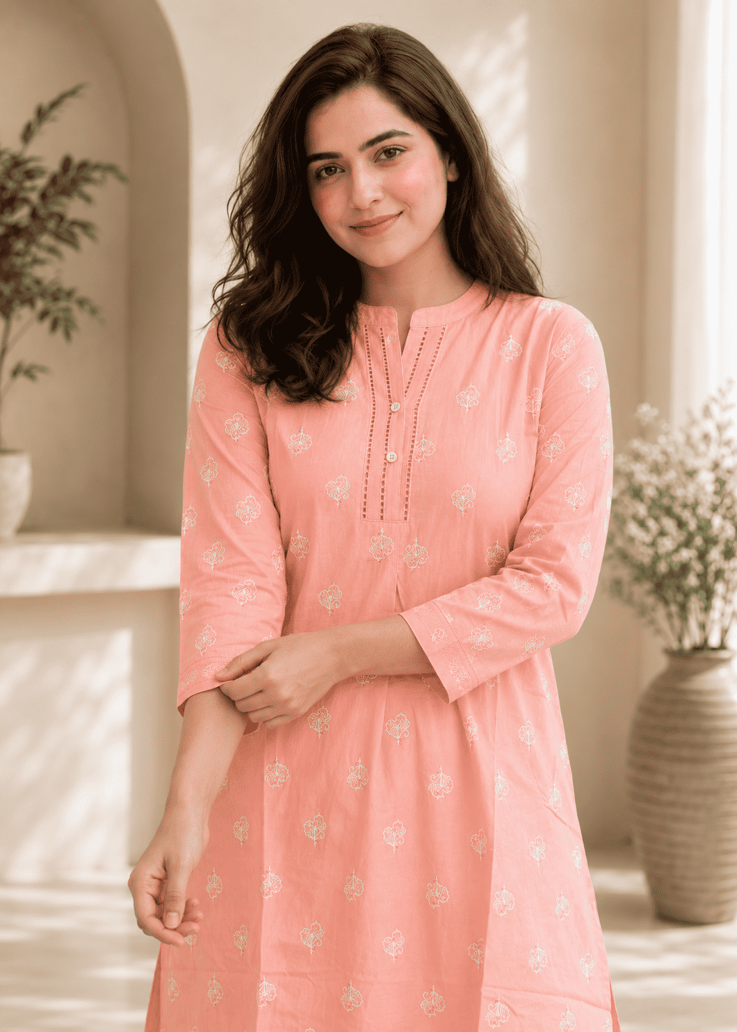 Peach Floral Embroidery Cotton Kurta