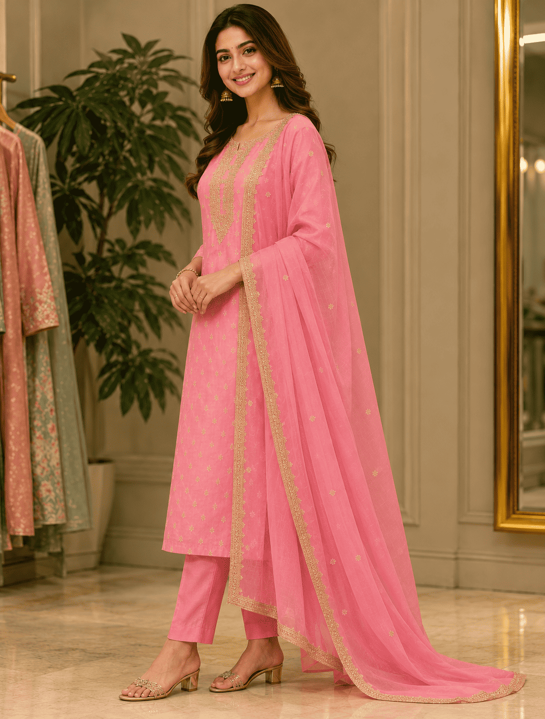 Pink Chanderi Silk Embroidered Kurta Pant and Dupatta Set